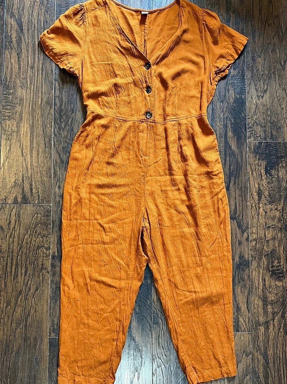 Old Navy V-Neck Button-Front Linen-Blend Jumpsuit Orange Large